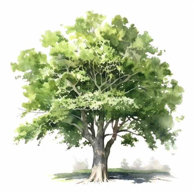 Ein Gemälde eines Baumes mit weißem Hintergrund und einem grünen Blatt