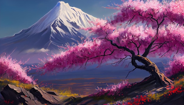 Ein Gemälde eines Berges mit einem Baum im Vordergrund