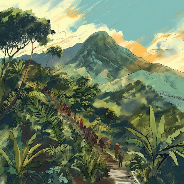 ein Gemälde eines Berges mit einem Berg im Hintergrund