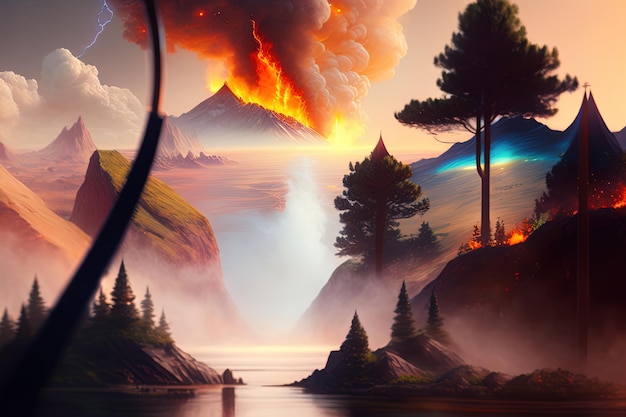 Ein Gemälde eines Berges mit einem Vulkan im Hintergrund