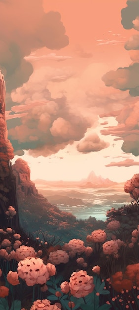 Ein Gemälde eines Berges mit Himmel und Wolken
