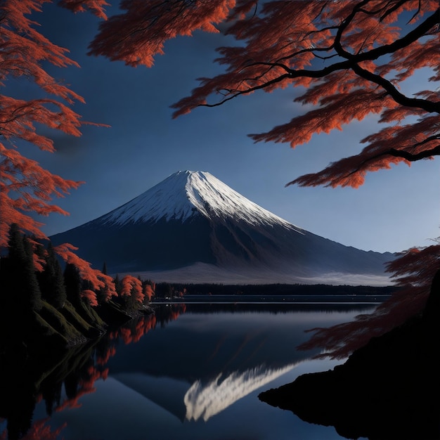 Ein Gemälde eines Berges mit roten Blättern und den Worten Fuji darauf