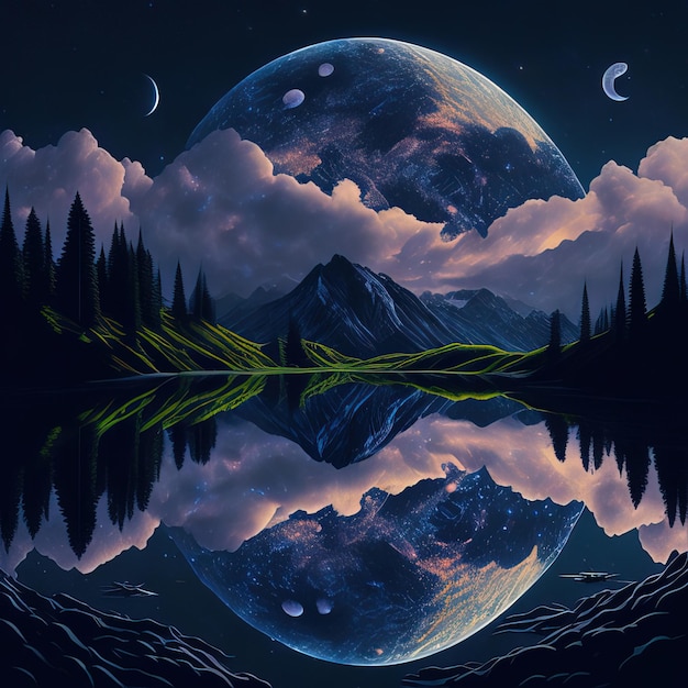 Ein Gemälde eines Berges und eines Sees mit einem Mond und Sternen darauf