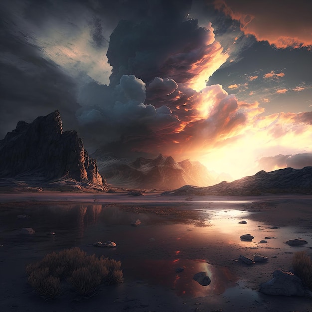 Ein Gemälde eines Berges und eines Sonnenuntergangs mit dem Wort „das Wort“ darauf.