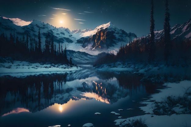 Foto ein gemälde eines bergsees, auf den der mond scheint.