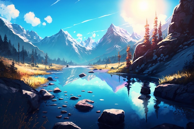 Ein Gemälde eines Bergsees mit Bergen im Hintergrund.