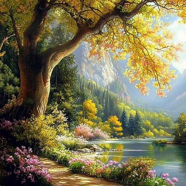ein Gemälde eines Bergsees mit einem Baum und einem See im Hintergrund