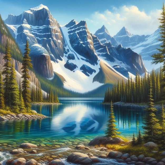Ein Gemälde eines Bergsees mit einem Berg im Hintergrund