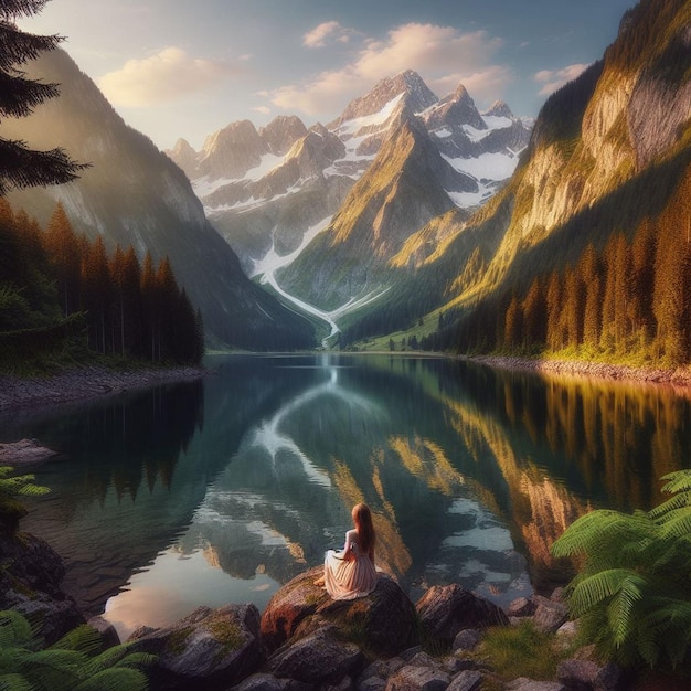 Ein Gemälde eines Bergsees mit einem Berg im Hintergrund