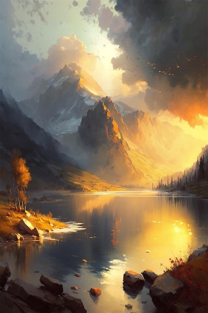 Ein Gemälde eines Bergsees mit einem Berg im Hintergrund.