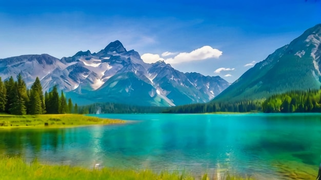 ein Gemälde eines Bergsees mit einem See im Hintergrund