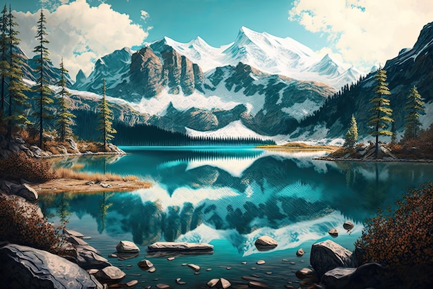 Ein Gemälde eines Bergsees mit Schnee auf dem Boden und einem Berg im Hintergrund.