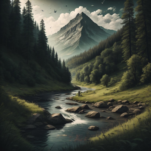 Ein Gemälde eines Bergstroms mit einem Fluss im Vordergrund.
