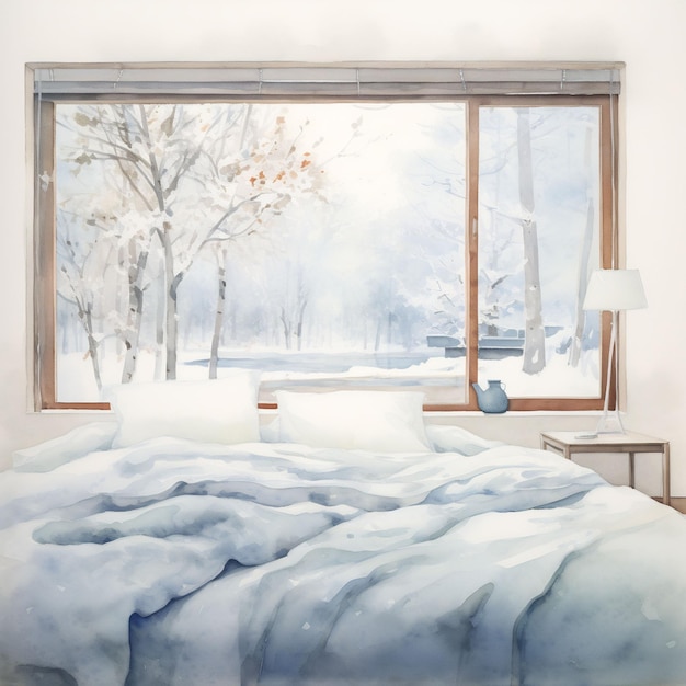 ein Gemälde eines Bettes mit dem Bild einer schneebedeckten Landschaft