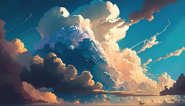 Ein Gemälde eines bewölkten Himmels mit einem am Himmel fliegenden Flugzeug.