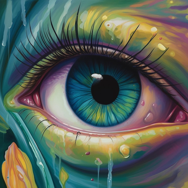Ein Gemälde eines blauen Auges mit einem regenbogenfarbenen Auge.
