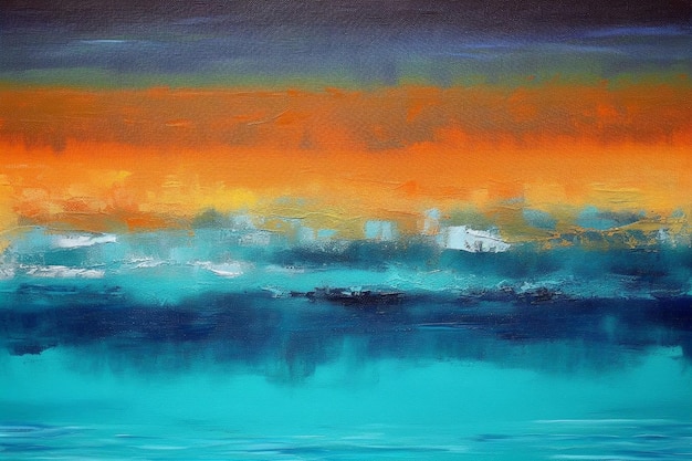 Ein Gemälde eines blauen Ozeans mit einem Sonnenuntergang im Hintergrund.