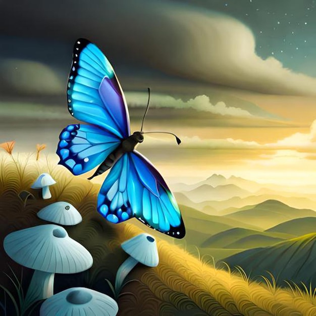 Ein Gemälde eines blauen Schmetterlings auf einem Hügel mit Pilzen am Horizont.