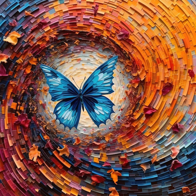 Ein Gemälde eines blauen Schmetterlings mit dem Wort „Blue“ darauf
