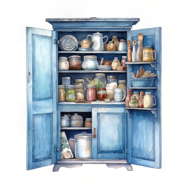 Ein Gemälde eines blauen Schranks mit einer blauen Tür, auf der „die Tür nach links“ steht.
