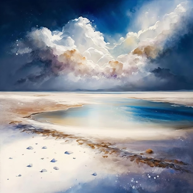 Ein Gemälde eines blauen Sees mit Wolken und bewölktem Himmel.