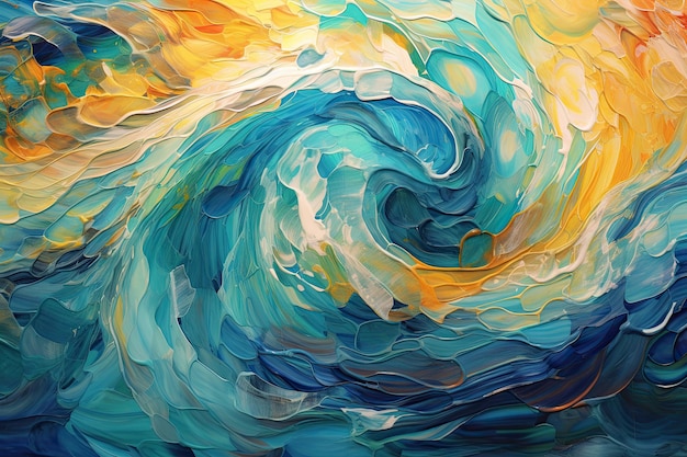 Ein Gemälde eines blauen und gelben Wirbels mit dem Wort Ozean darauf.