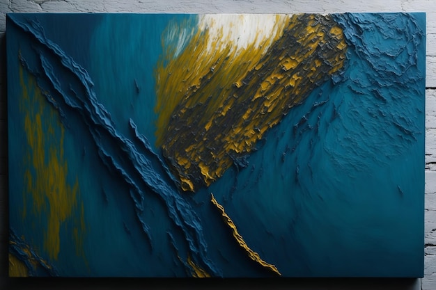 Ein Gemälde eines blauen und goldenen Gemäldes mit blauem Hintergrund.