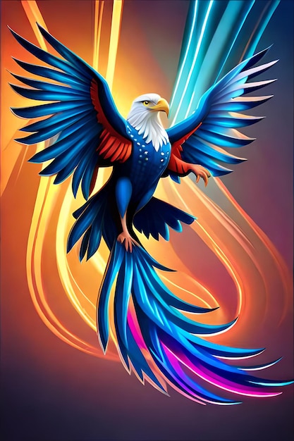 Ein Gemälde eines blauen und roten Vogels mit einem weißen Adler auf seinen Flügeln