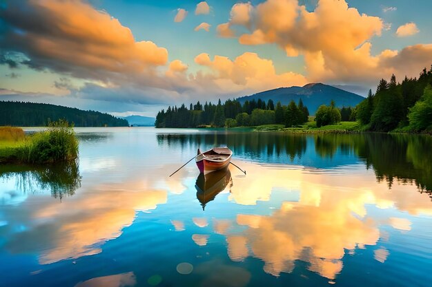 Ein Gemälde eines Bootes auf einem See mit einem Berg im Hintergrund.