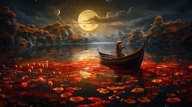 Ein Gemälde eines Bootes mit einem Mond und Sternen darauf