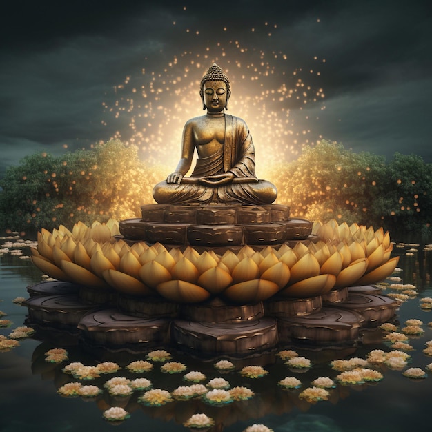 Ein Gemälde eines Buddha, der in einem Teich mit Seerosen und Blumen sitzt.