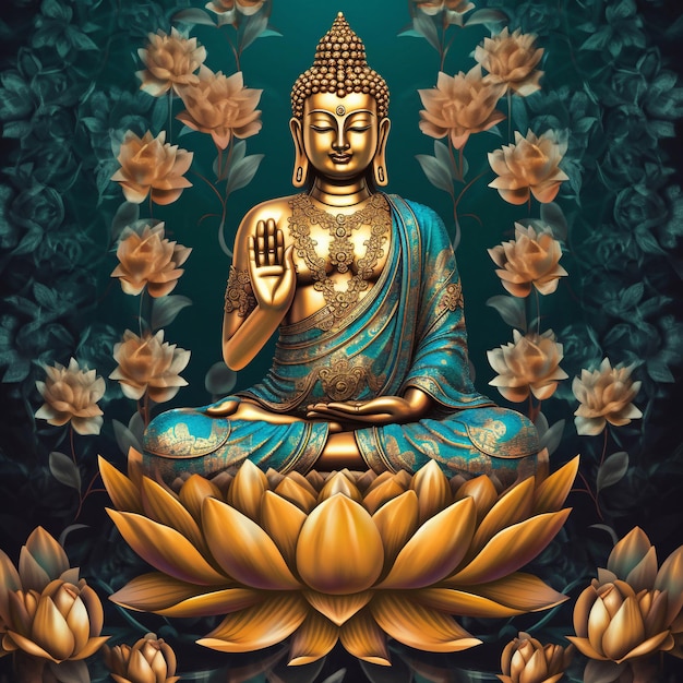 Ein Gemälde eines Buddha mit goldenen Blättern und Blumen im Hintergrund.