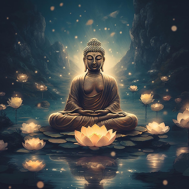 Ein Gemälde eines Buddhas, der in Lotusblumen sitzt.