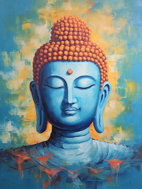 ein Gemälde eines Buddhas mit blauem Hintergrund.