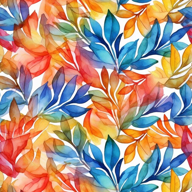 ein Gemälde eines bunten Blättermusters auf weißem Hintergrund, generative KI