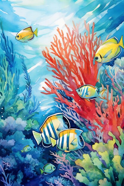 ein Gemälde eines bunten Fisches unter dem Meer