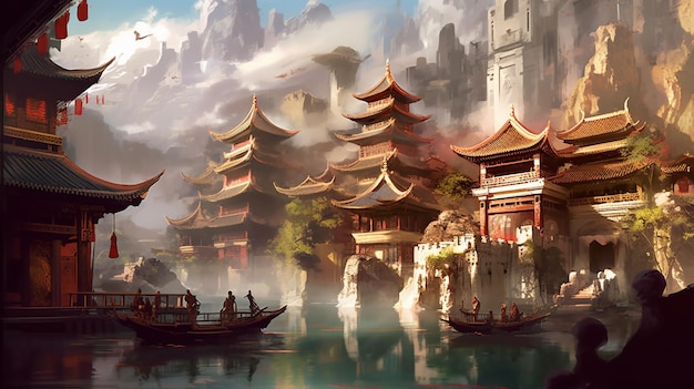 Ein Gemälde eines chinesischen Dorfes mit einem Boot im Wasser.