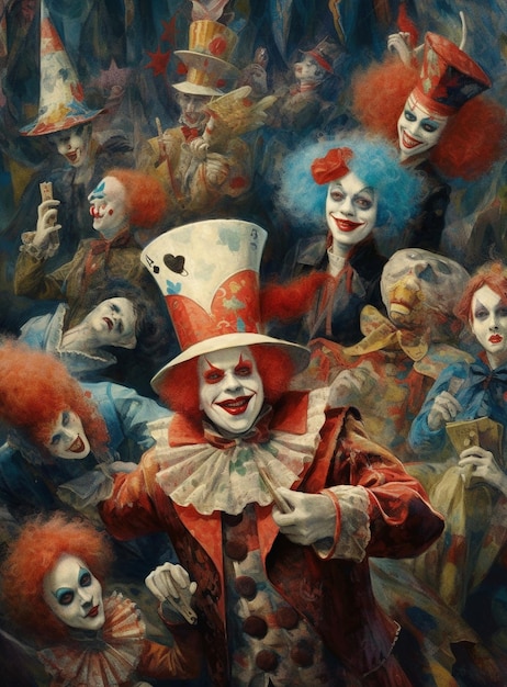 Ein Gemälde eines Clowns mit Hut und Clownkostüm