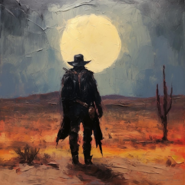 Ein Gemälde eines Cowboys mit Vollmond im Hintergrund
