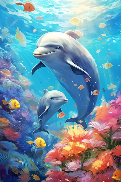 Ein Gemälde eines Delphins und eines Babys