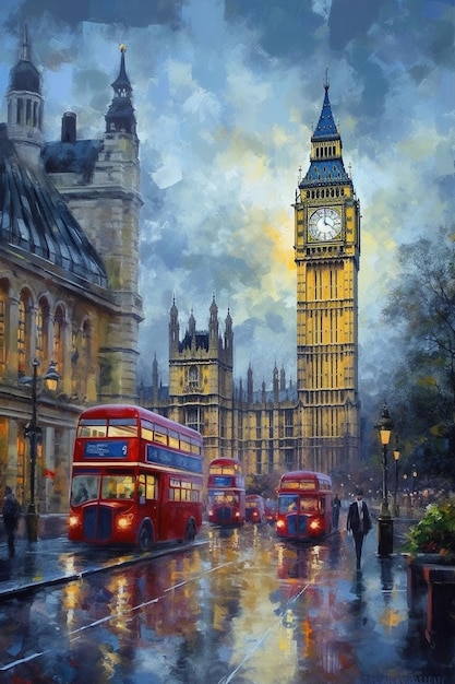 Ein Gemälde eines Doppeldeckerbusses vor Big Ben.