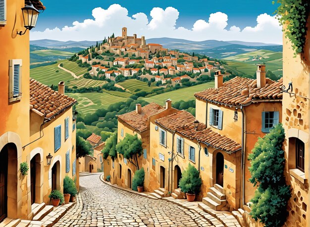 ein Gemälde eines Dorfes in der Toskana