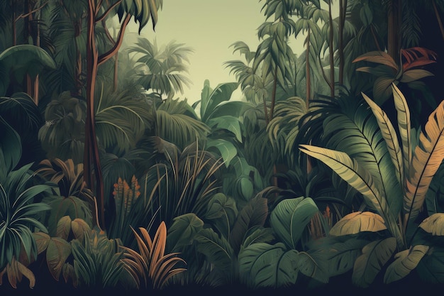 Ein Gemälde eines Dschungels mit vielen Bäumen und Pflanzen, generative KI