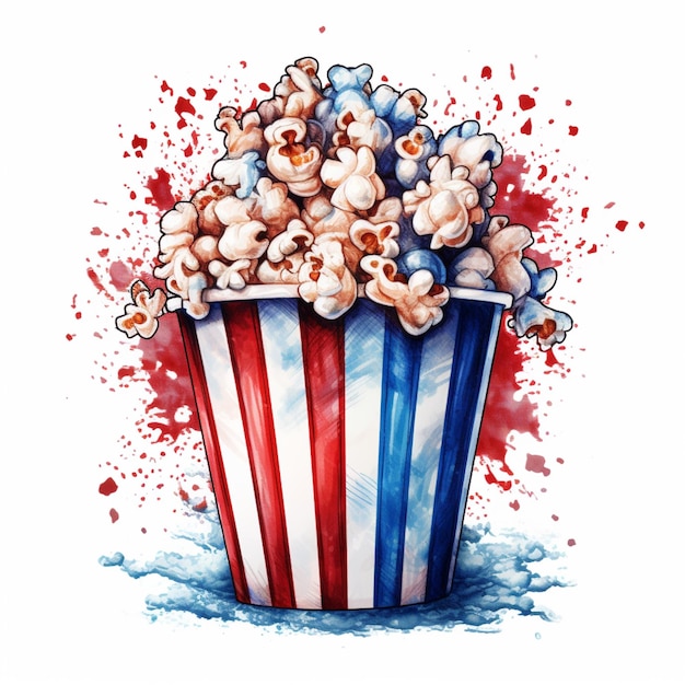 Ein Gemälde eines Eimers Popcorn mit einem generativen KI-Hintergrund mit Spritzern