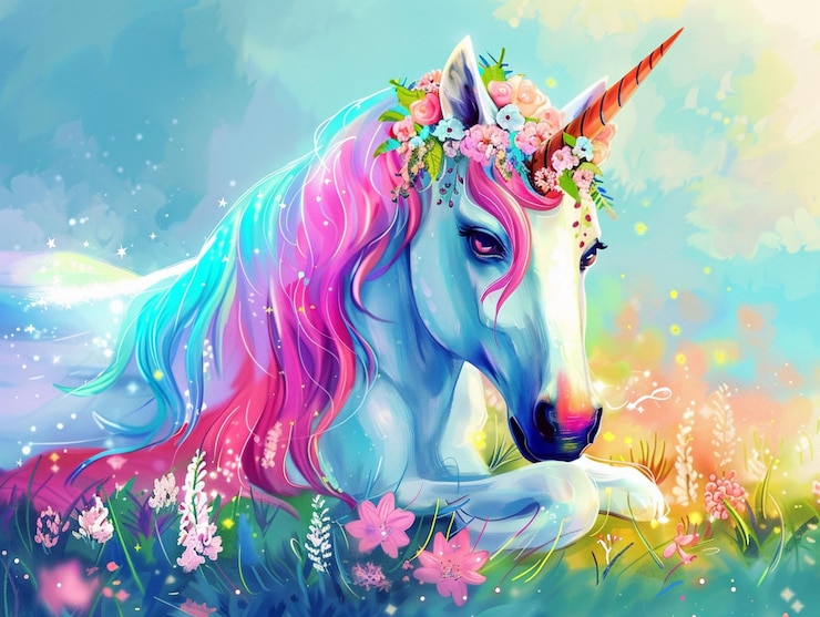 ein Gemälde eines Einhorns mit Blumen darauf