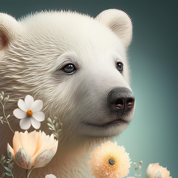 Ein Gemälde eines Eisbären mit Blumen darauf