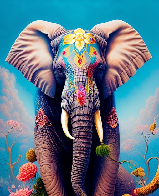 Ein Gemälde eines Elefanten mit einem bunten Kopf und einer Blume darauf.