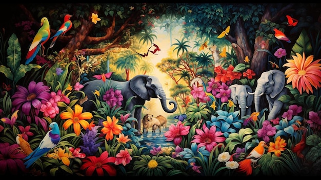 ein Gemälde eines Elefanten und einer Frau in einem Dschungel mit Blumen und Schmetterlingen.