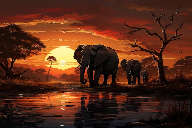 ein Gemälde eines Elefanten und seiner Reflexion in einem Fluss bei Sonnenuntergang