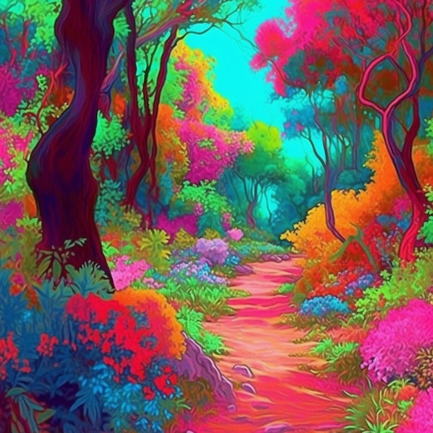 Ein Gemälde eines farbenfrohen Waldes mit einem Pfad durch generative KI